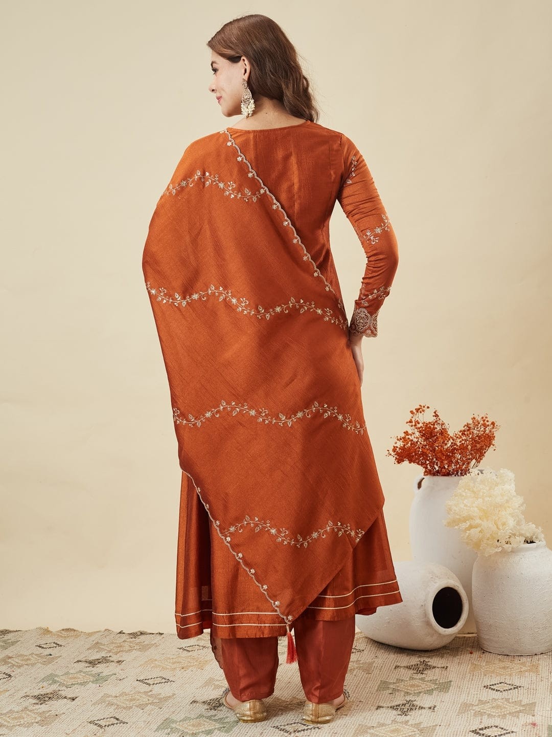 Elegant Rust Orange Vichitra Silk Anarkali Set with Embroidery Sequence Work Festive Wear Outfit