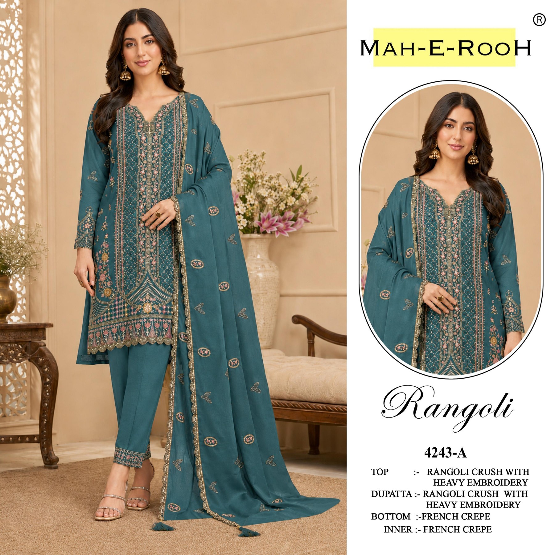 Mah-E-Rooh 4243 Designer Pakistani Suit Collection | Heavy Embroidery Rangoli Crush Salwar Suit with Dupatta