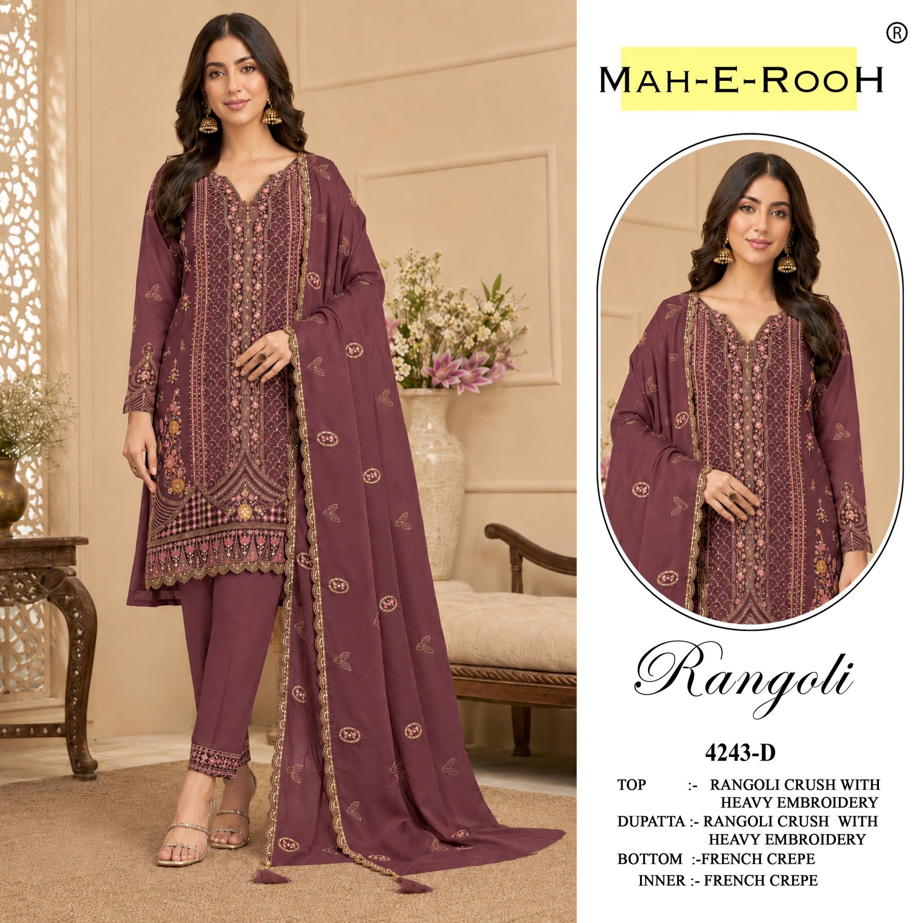 Mah-E-Rooh 4243 Designer Pakistani Suit Collection | Heavy Embroidery Rangoli Crush Salwar Suit with Dupatta