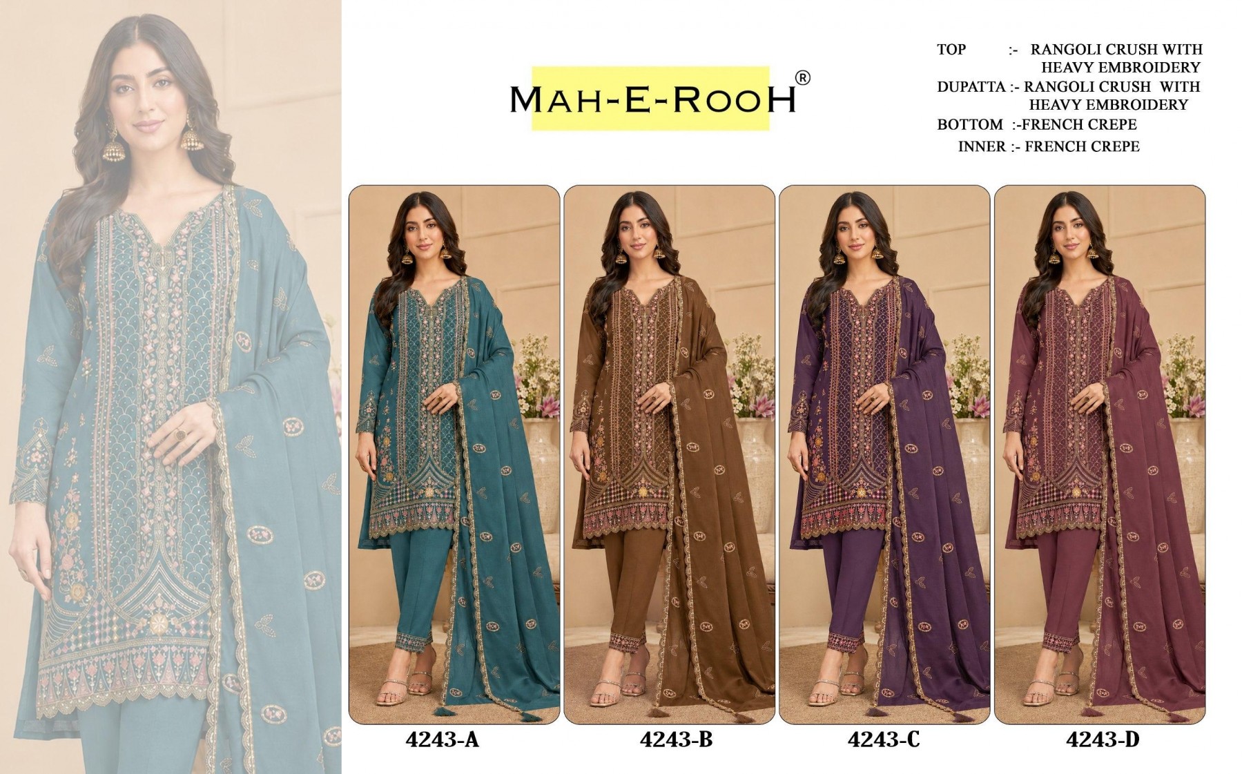 Mah-E-Rooh 4243 Designer Pakistani Suit Collection | Heavy Embroidery Rangoli Crush Salwar Suit with Dupatta