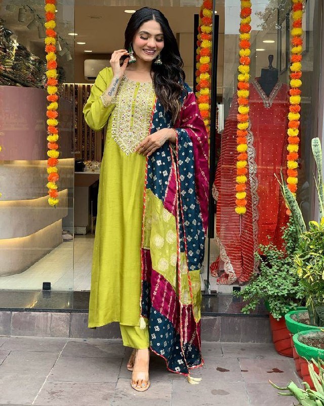 Elegant Lime Green Chanderi Kurta Set with Embroidered Neck and Contrast Dupatta Festive Wear