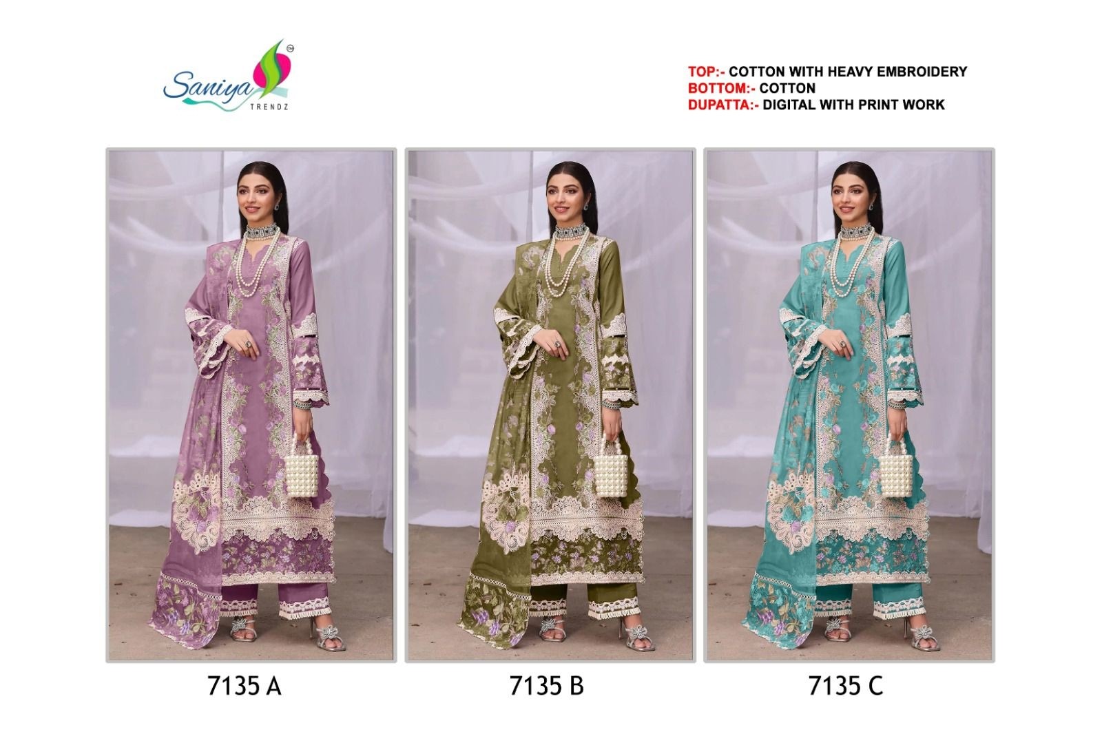 SANIYA TRENDZ 7135 COLOUR PAKISTANI COTTON EMBROIDERY WORK SUIT