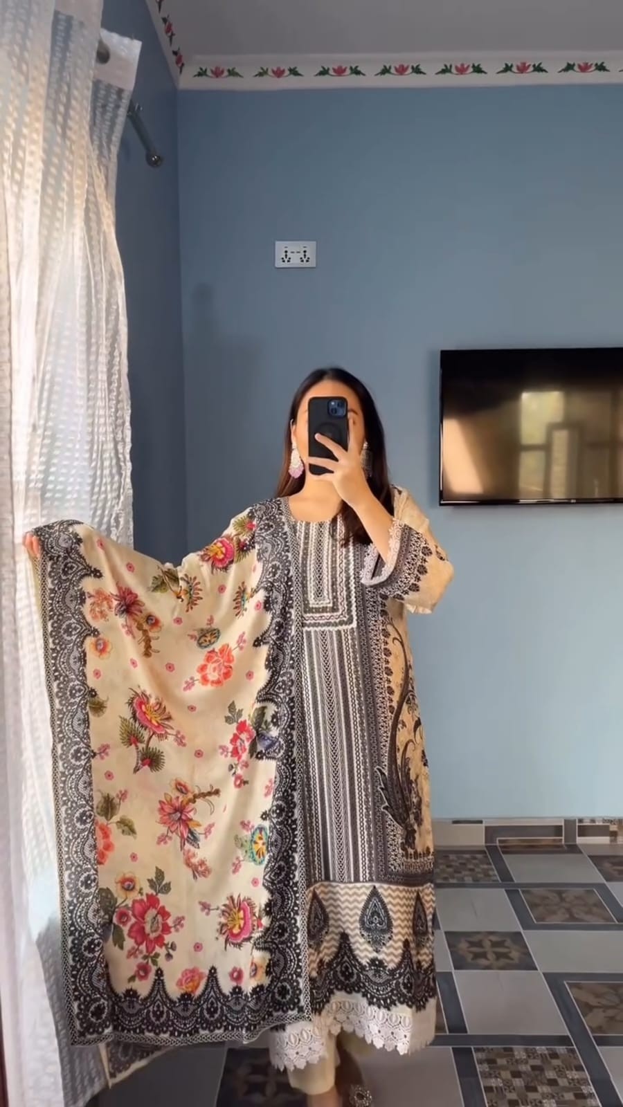 YD-021 READYMADE PAKISTANI STYLE MASLIN PRINT KURATI PENT WITH DUPATTA SET 