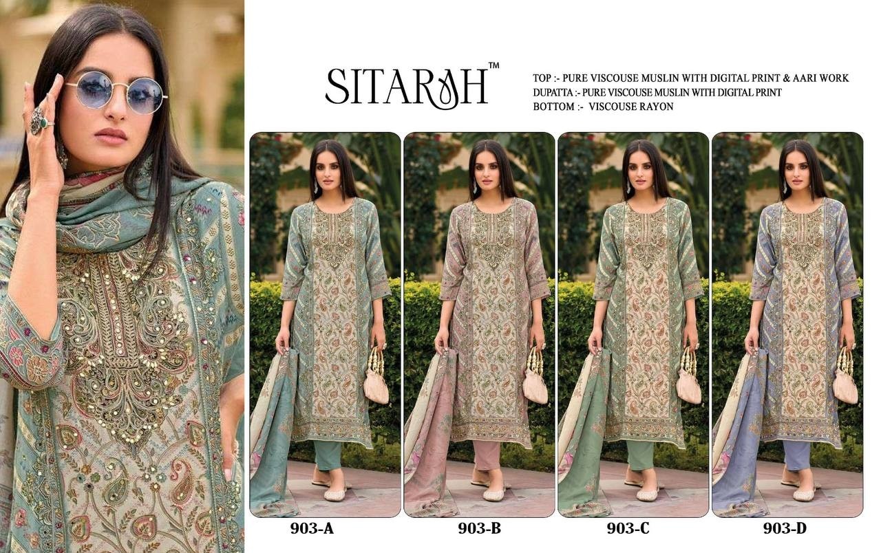 SITARAH 908 PAKISTANI VISCOSE MASLIN PRINTED WITH HAND WORK SEMI STICHAD SALWAR SUIT