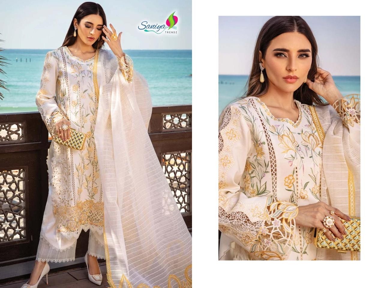 SANIYA TRENDZ RANG RASIYA VOL 26 PAKISTANI WHITE COLOUR COTTON WITH CHIKANKARI WORK SEMI STICHAD SALWAR SUIT 