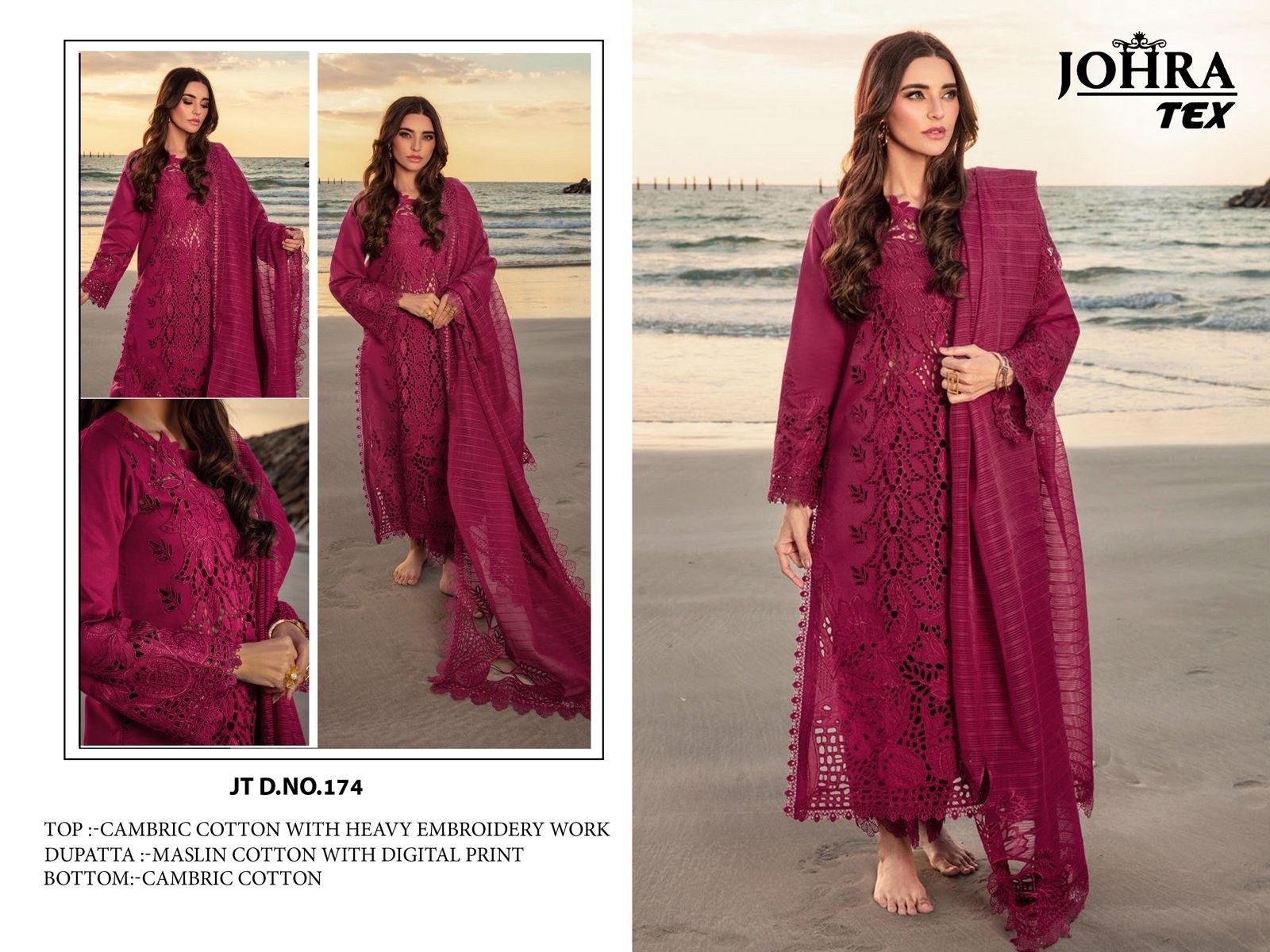 JOHRA TEX JT 174 PAKISTANI SUMMER COLLETION CAMBRIC COTTON WITH HEAVY EMBROIDERY WORK SALWAR KAMEEZ 