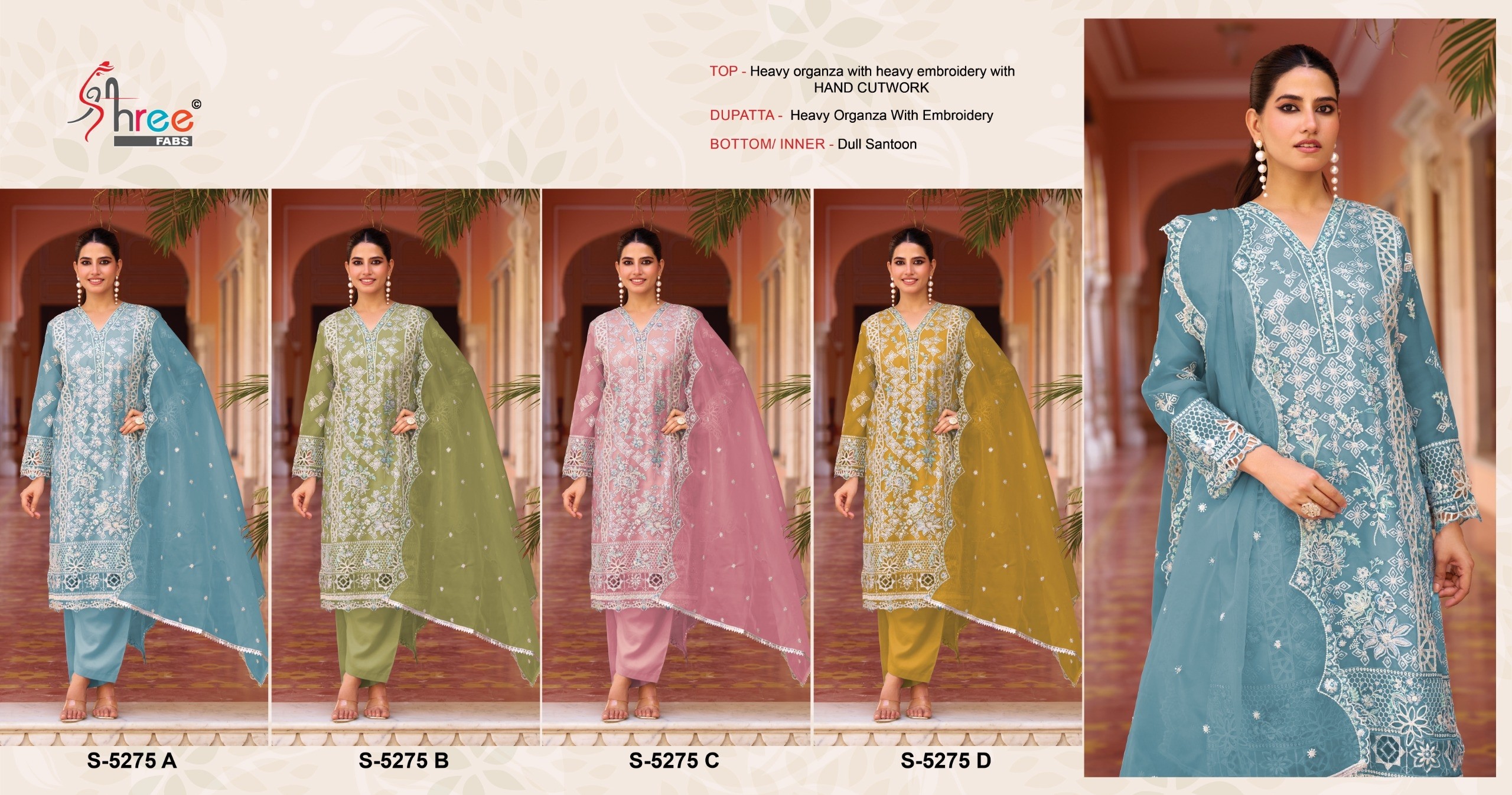 SHREE FAB 5275 PAKISTANI ORGENZA SILK WITH EMBROIDERY SEQUNCE SALWAR SUIT 