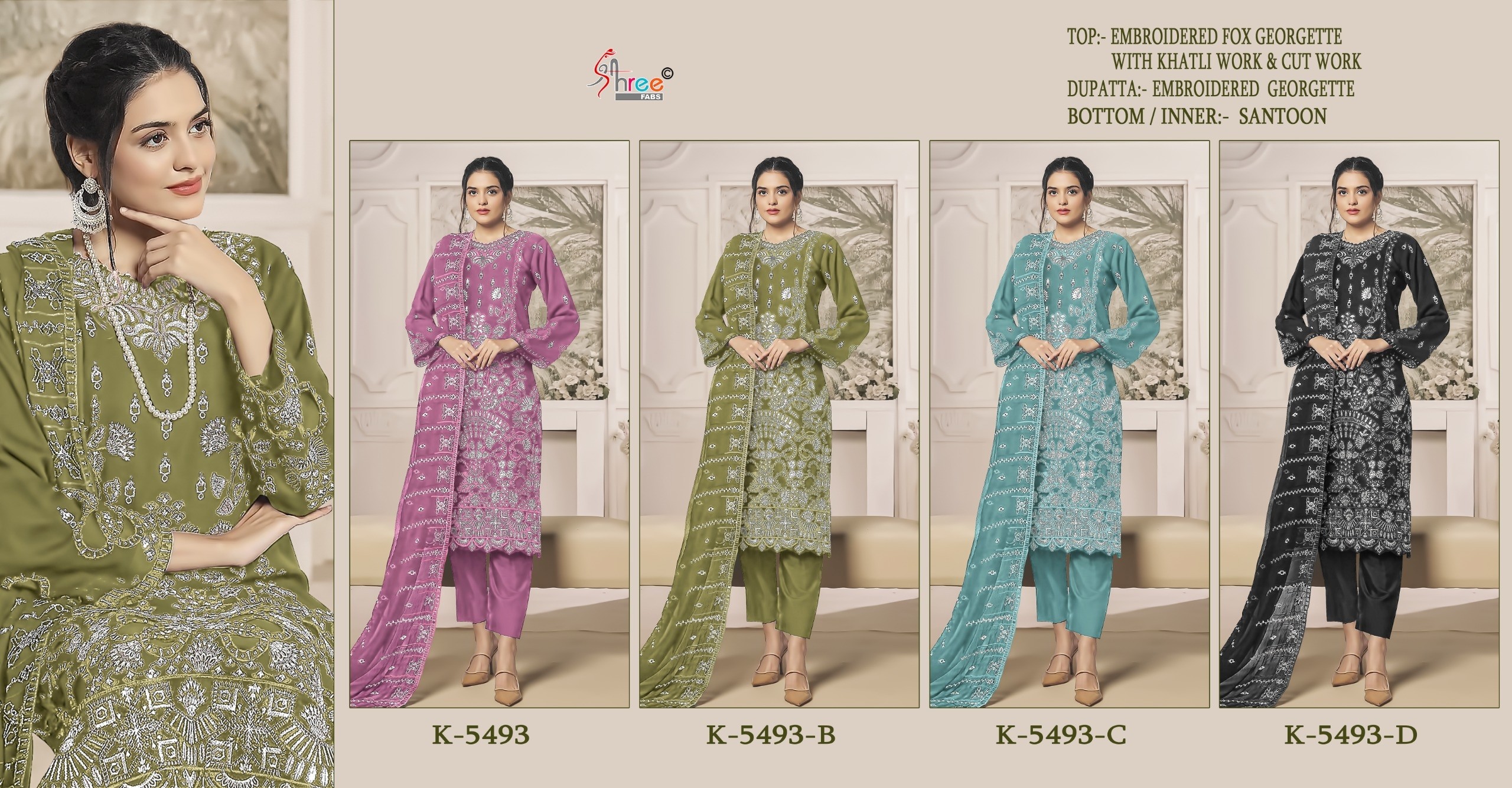 SHREE FAB K 5493 PAKISTANI FOX GEORGTTE WITH EMBROIDERY SEMI STICHAD SUIT