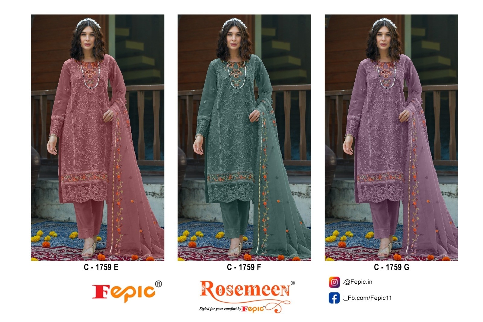 FEPIC ROSEMEEN 1759 PAKISTANI TREDITIONAL ORGENZA SILK WITH EMBROIDERY SALWAR SUIT