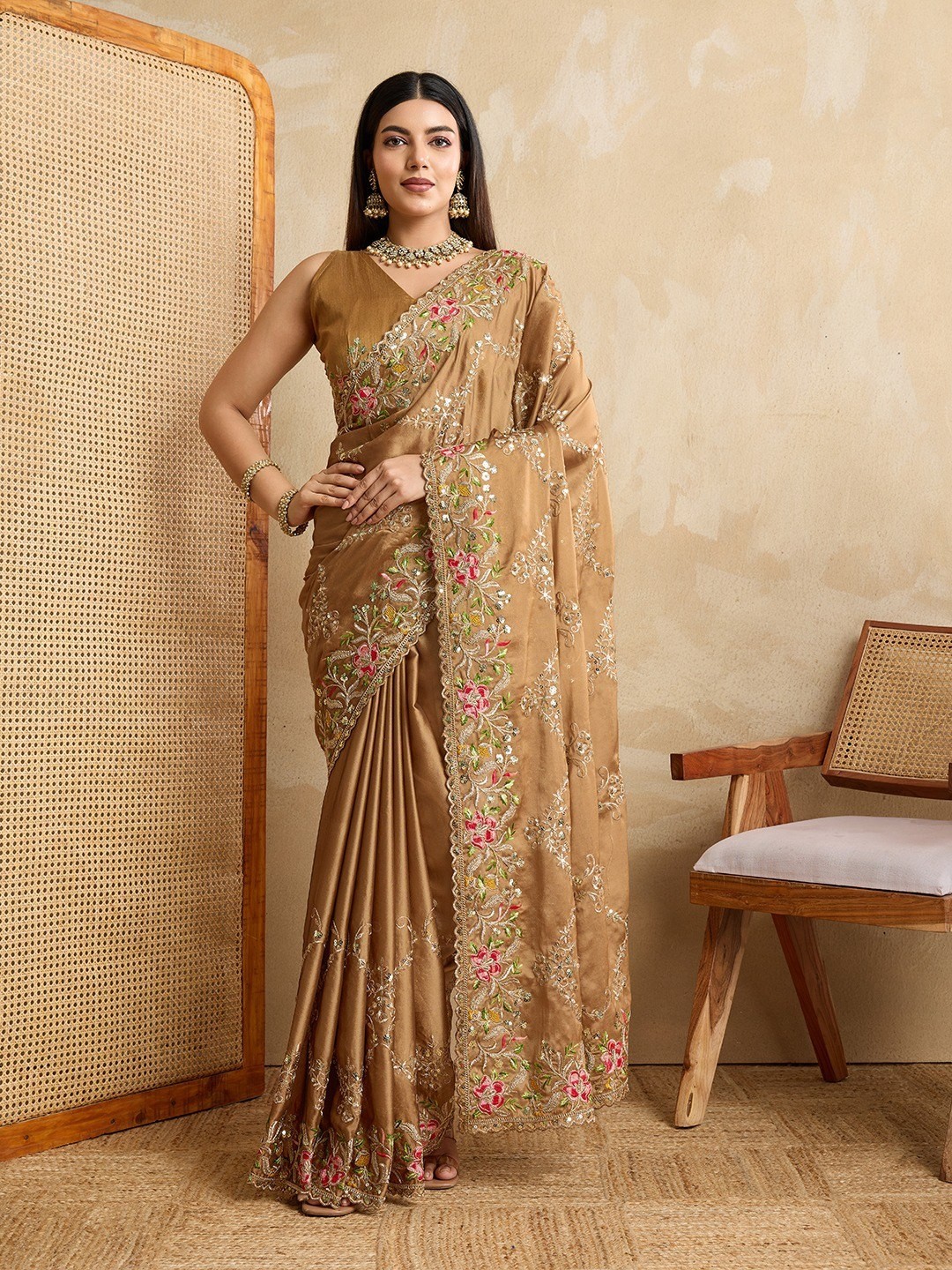 Designer Wedding Saree Gold Rangoli Silk with Banglory Silk Blouse