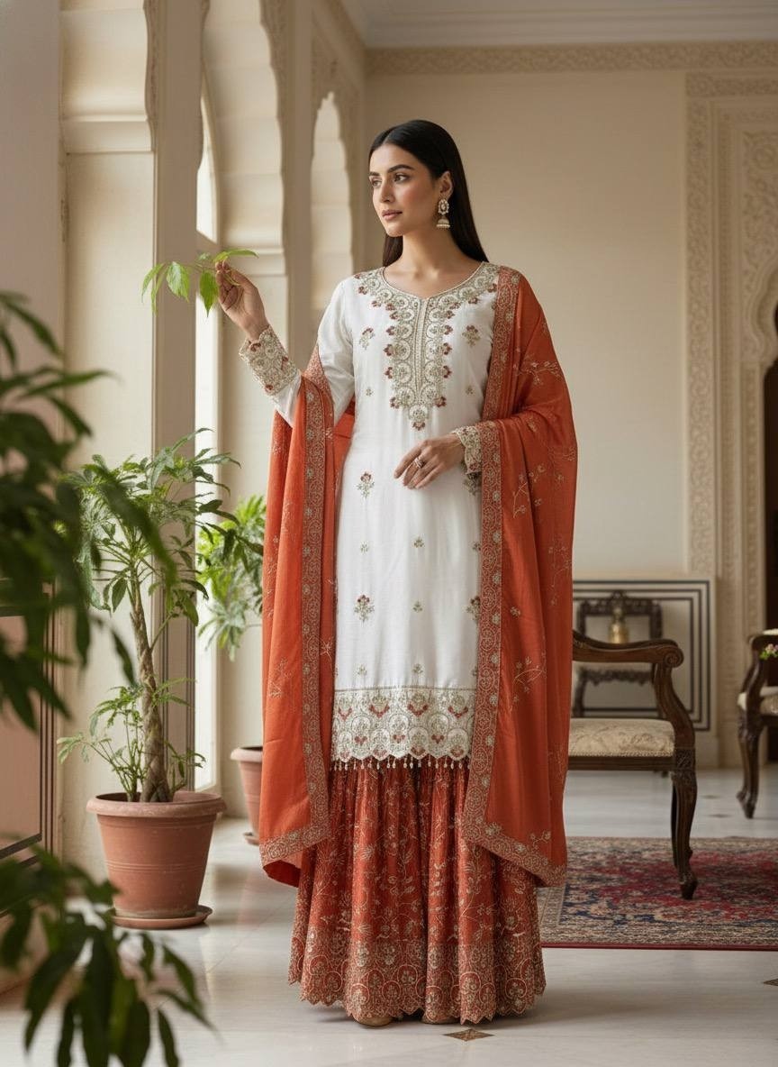 Wholesale Off-White Sharara Suit: Heavy Embroidery Kurti Rust Dupatta Factory Price