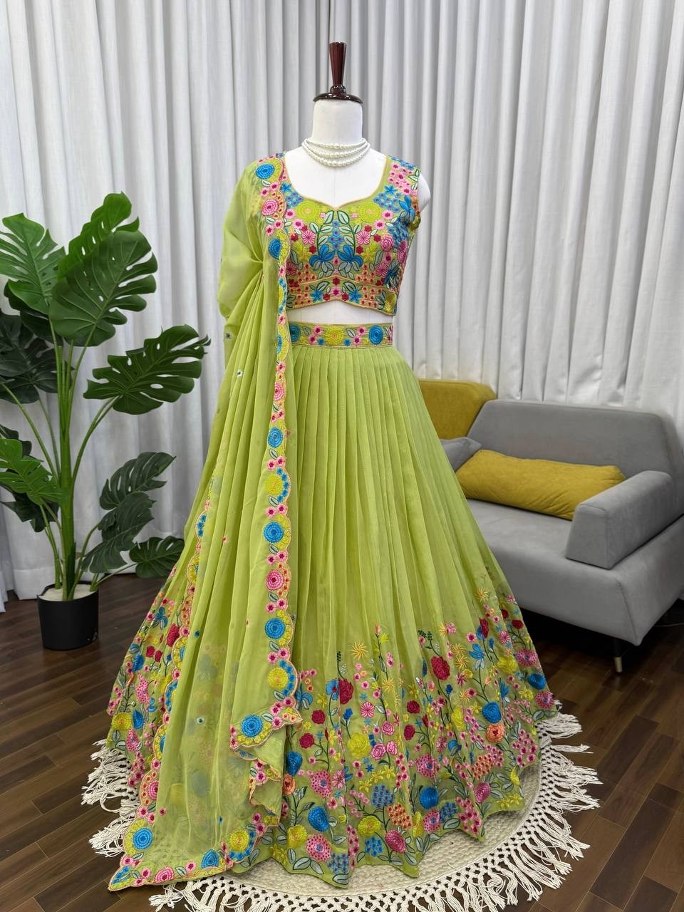 Floral Bloom Lehenga: Vibrant Pista Green Georgette with Colorful Thread Work 