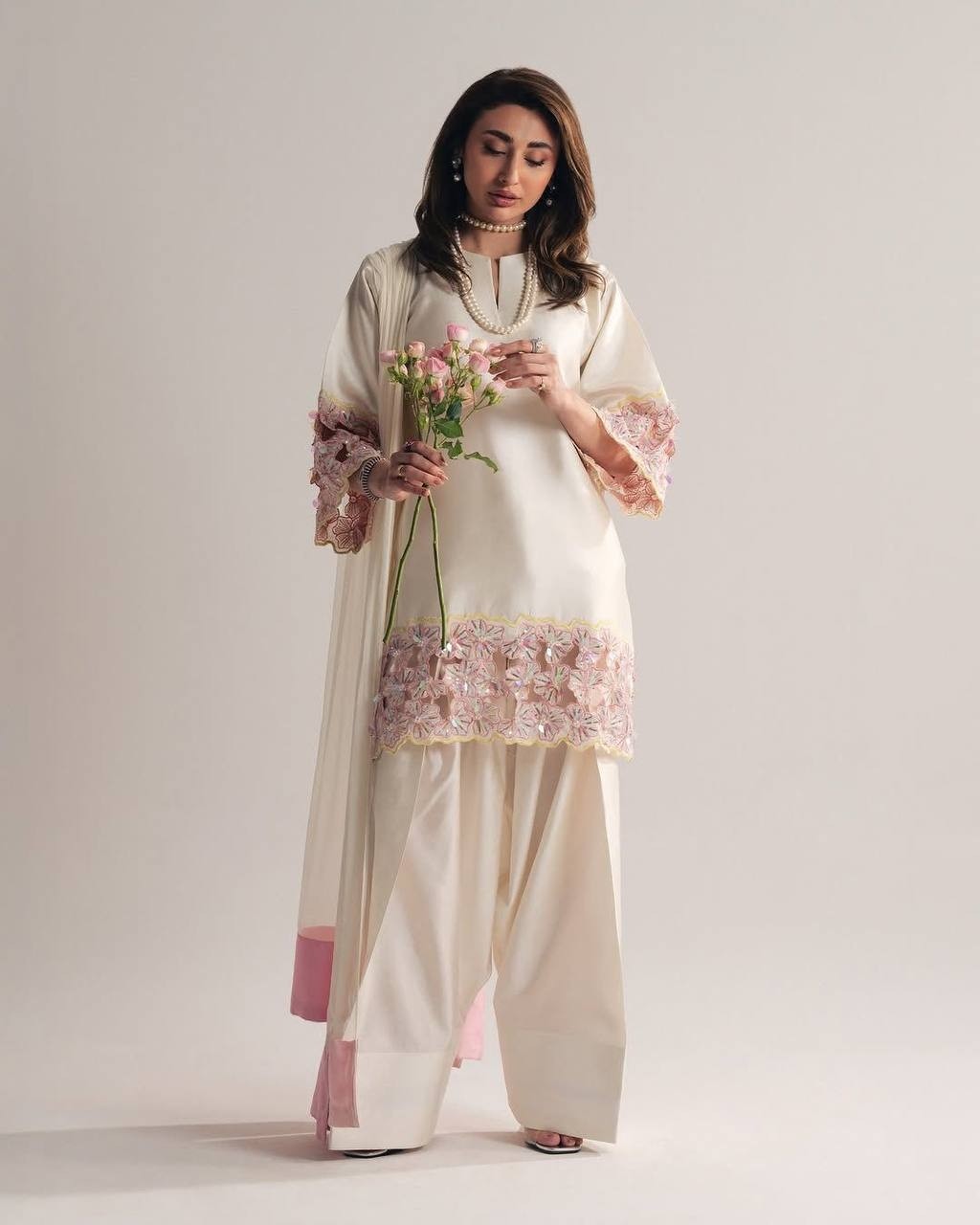 NSR 889 Elegant Pakistani Salwar Suit in Cream with Pink Embroidered Floral Work