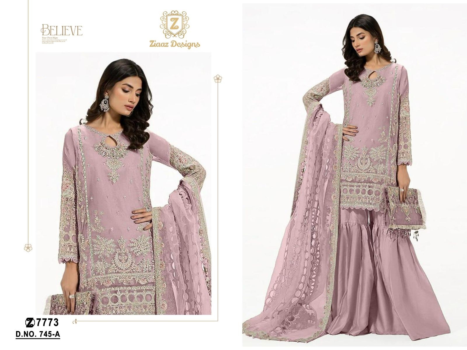 Ziaaz Designs  745 A and B semi stitched Pakistani Organza handwork moti work suit