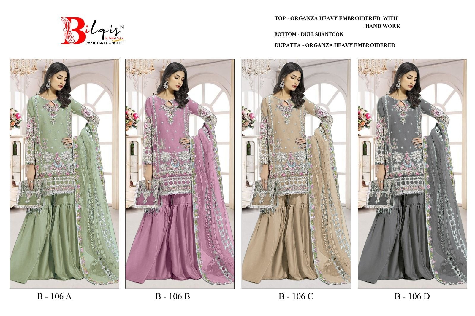 BILQIS 106 A TO D PAKISTANI ORGANZA HEAVY EMBROIDERED SUIT