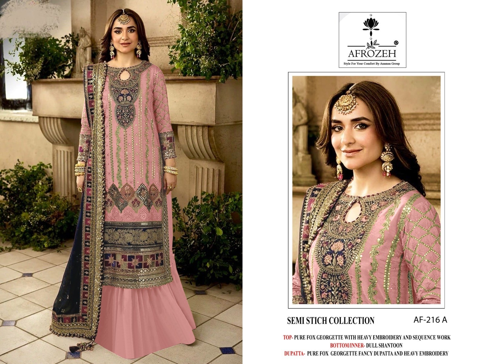 AFROZEH 216 PAKISTANI PURE FOX GEORGETTE EMBROIDERED SUIT