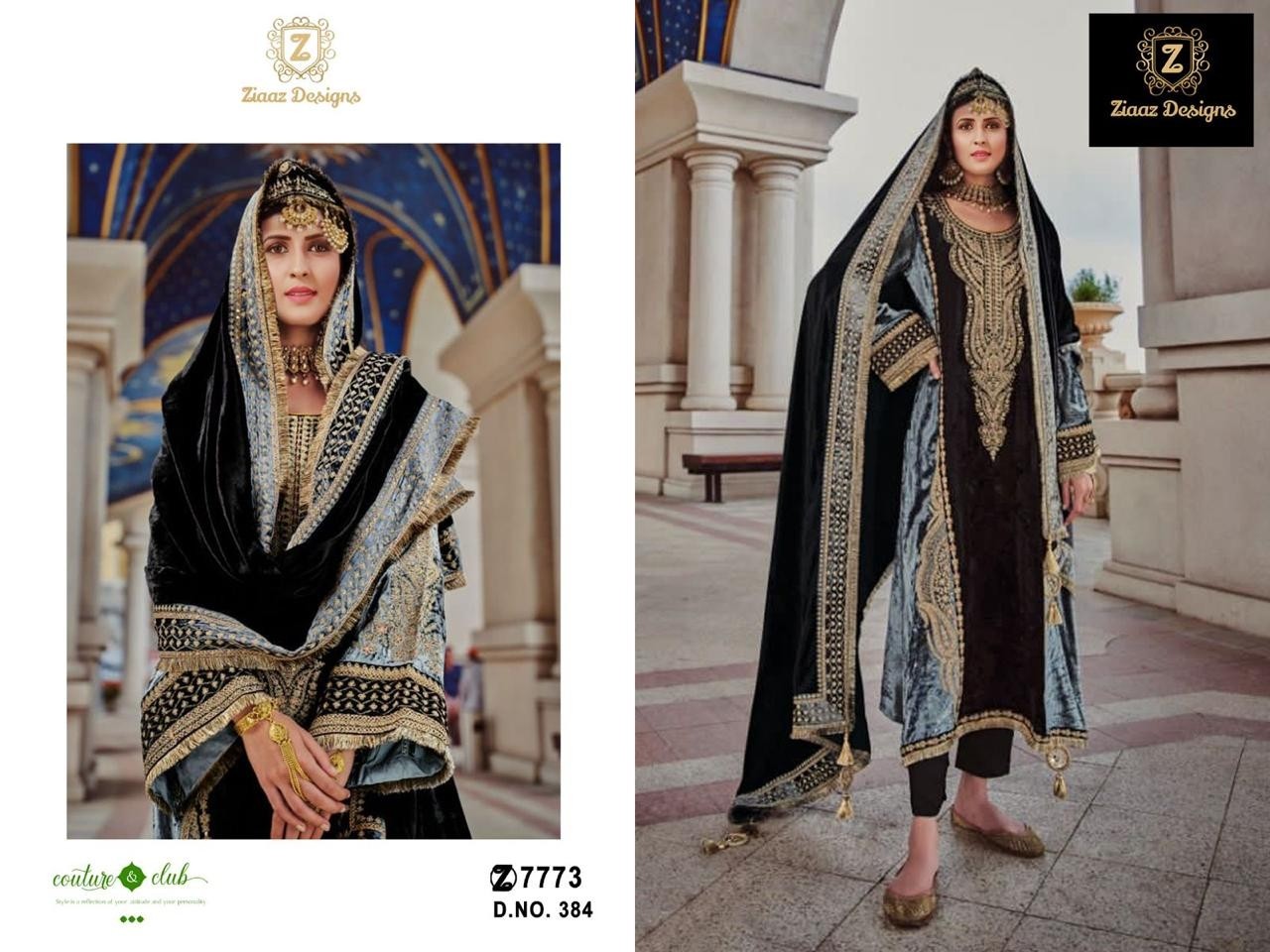 Ziaaz Designs 384 Pakistani Velvet semi stitched Salwar suit