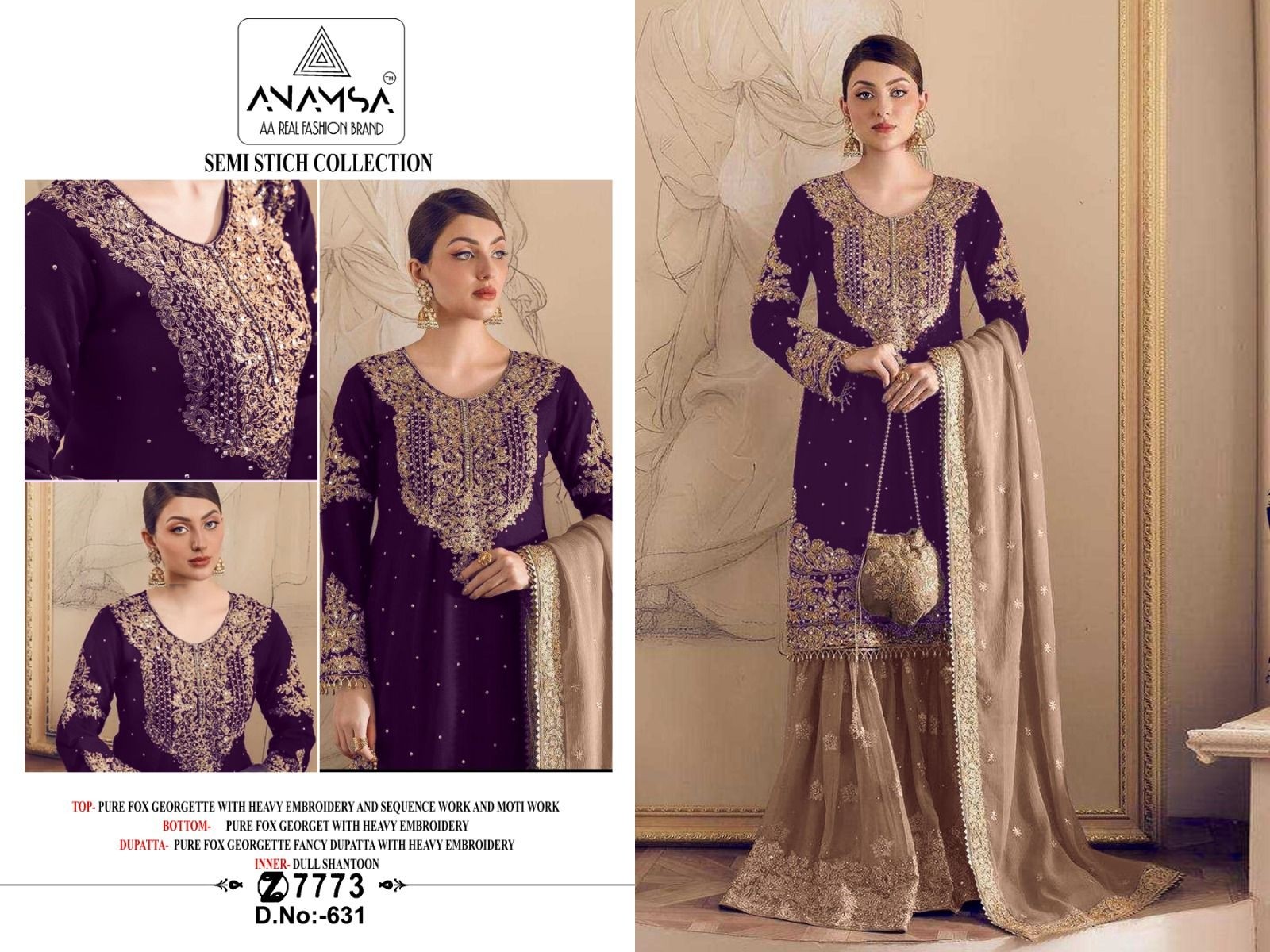 ANAMSA 631 PAKISTANI FESTIVAL SHARARA SUIT