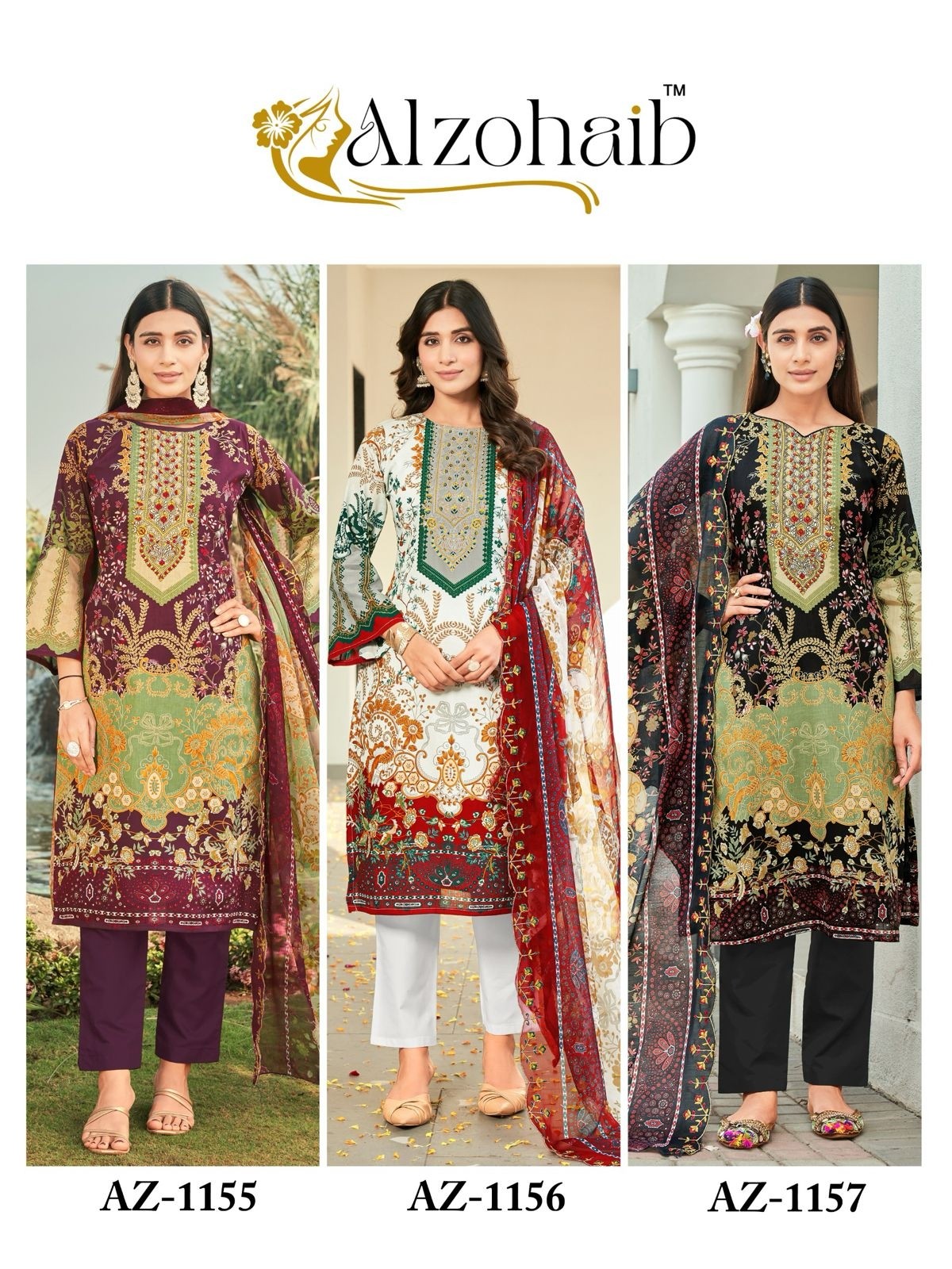ALZOHAIB  AZ-1155-1156-1157 PAKISTANI COTTON PRINT SALWAR KAMEEZ