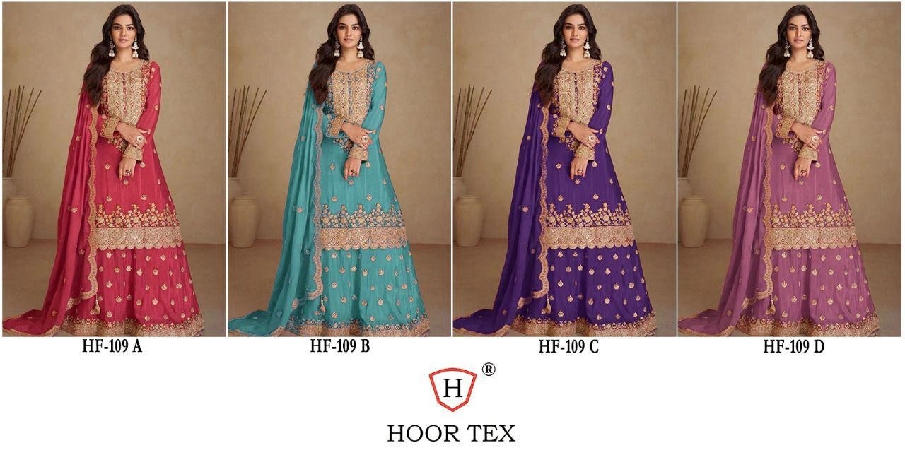HOOR TEX  HF-109,A To D READY MADE PAKISTANI CHINON SILK SHARARA SUIT