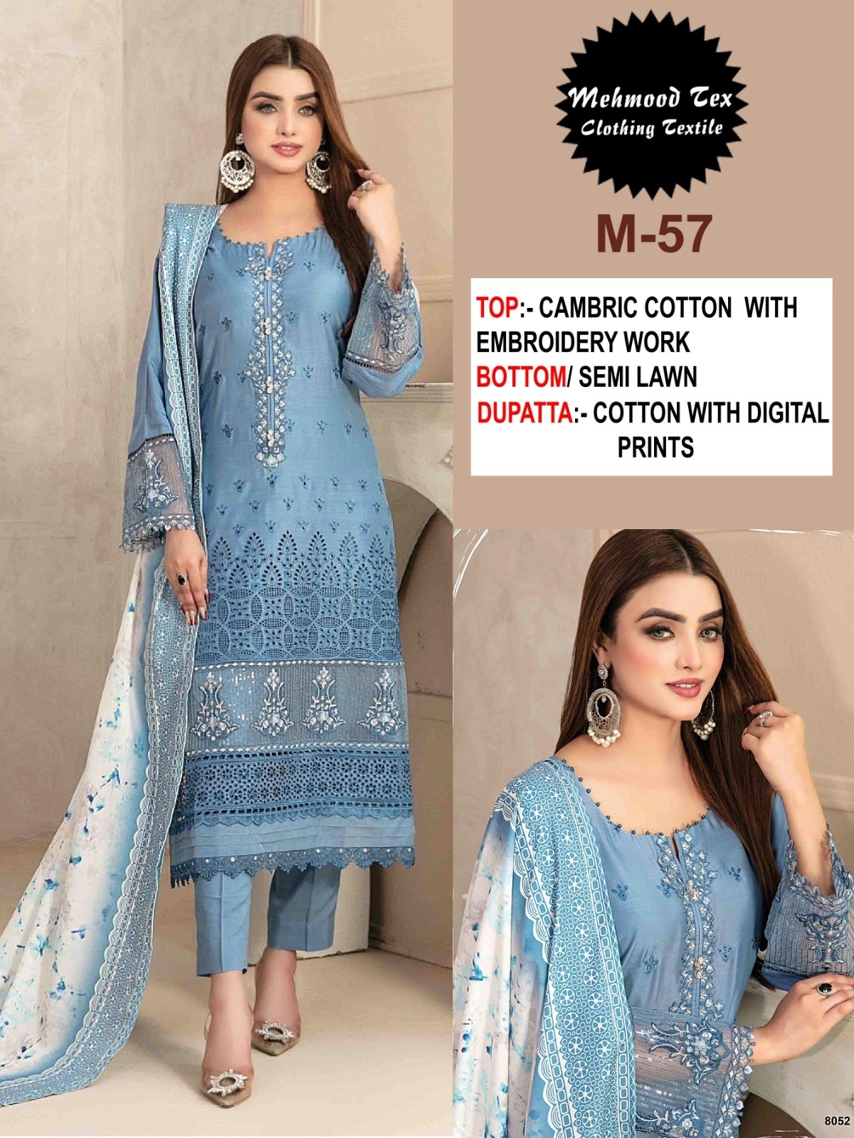 MEHMOOD TEX  M - 57 PAKISTANI SUIT WITH PURE CAMBRIC COTTON WITH EMBROIDERY WORK