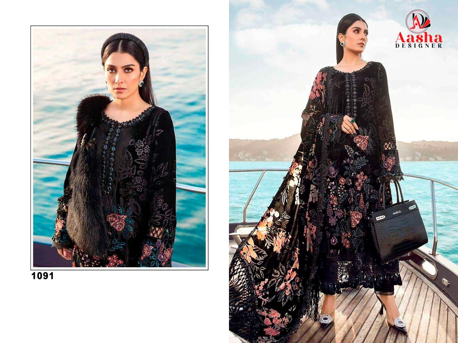 AASHA DESIGNER 1091 PAKISTANI BLACK SALWAR SUIT WITH EMBROIDERY WORK