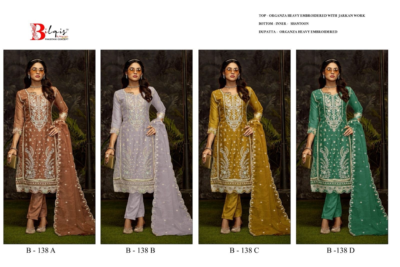  BILQIS B 138 PAKISTANI ORGANZA HEAVY EMBROIDERED WITH ZARKAN SUIT