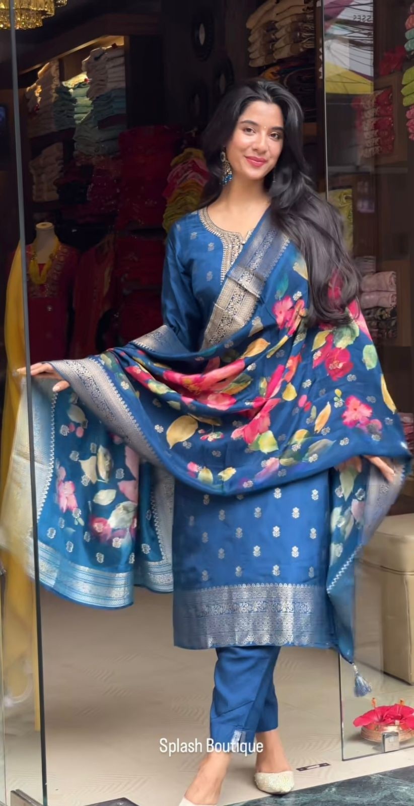 NEW BANARASI COTTON SILK BLUE BATIK KURATI AND PENT WITH DUPATTA SET