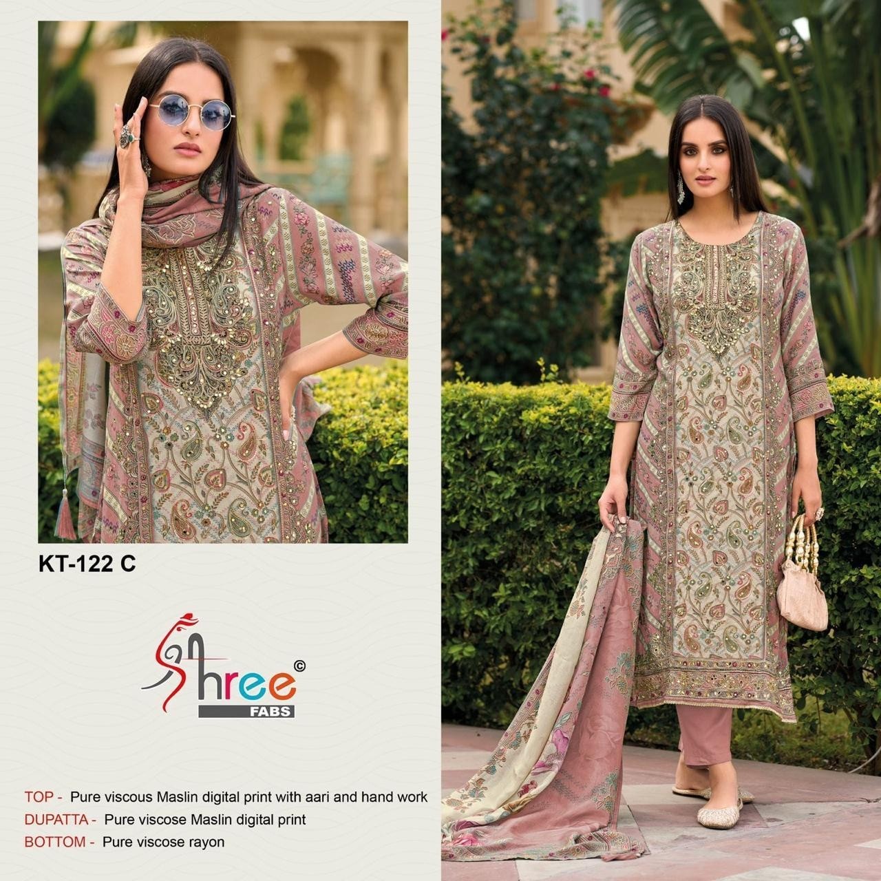 SHREE FAB KT 122 PURE VICOS MASLIN COTTON WITH PRINT WITH HAND WORK
