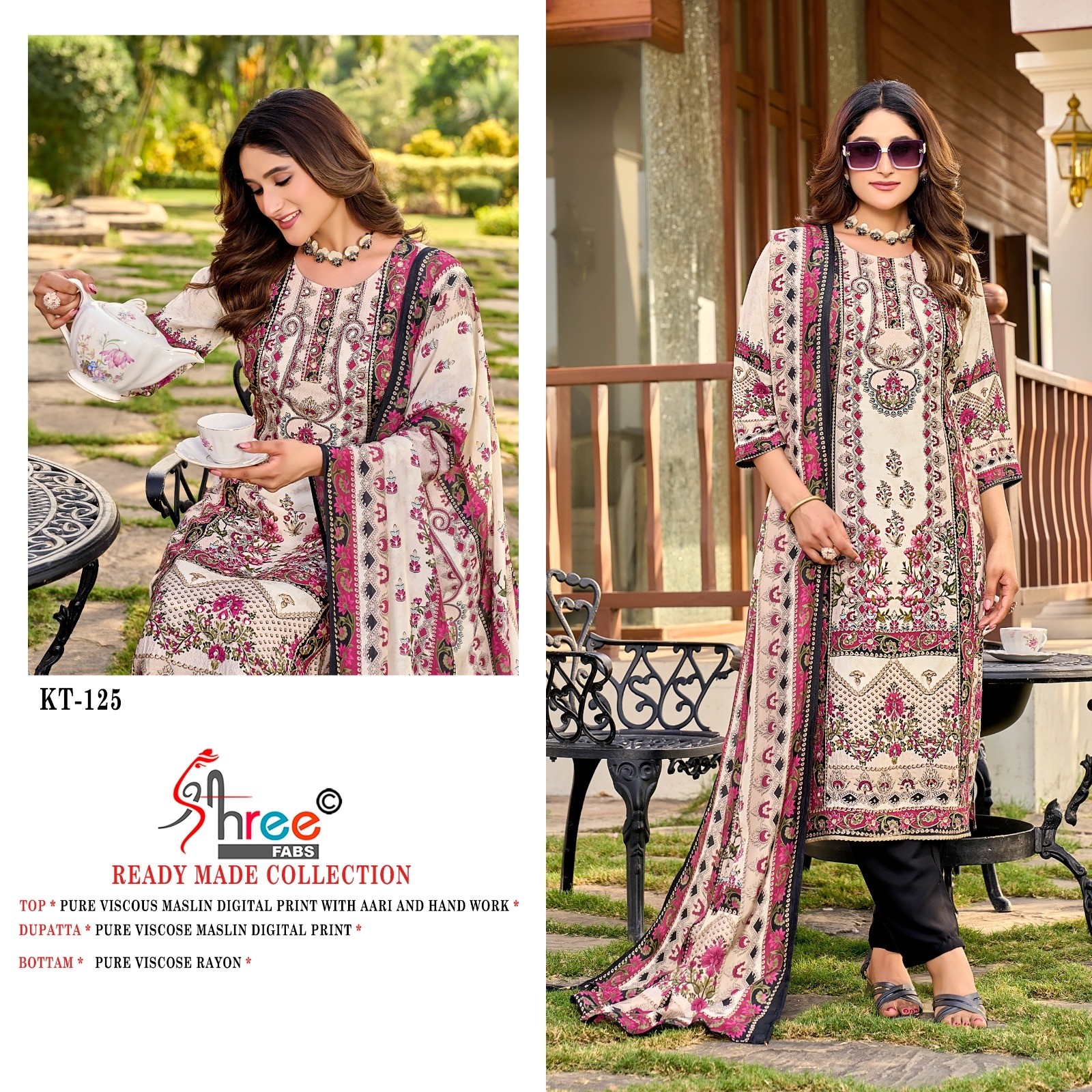 SHREE FABS KT 125 PAKISTANI MUSLIN PRINT WITH AARI AND HAND WORK SALWAR SUIT