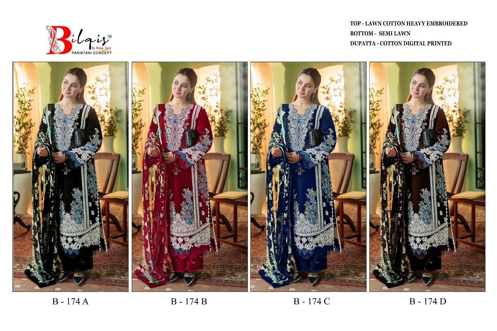  BILQIS 174A TO D PAKISTANI LAWN COTTON HEAVY EMBROIDERED SEMI STICHAD SALWAR SUIT