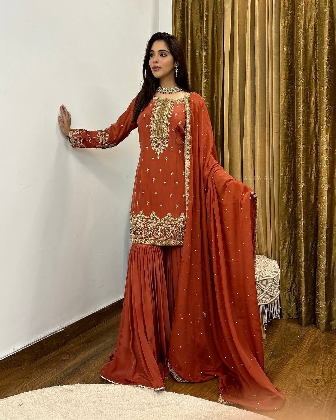 DESIGNER ORANGE COLOUR TOP PALAZZO SALWAR SUIT WITH HEAVY EMBROIDERY WORK
