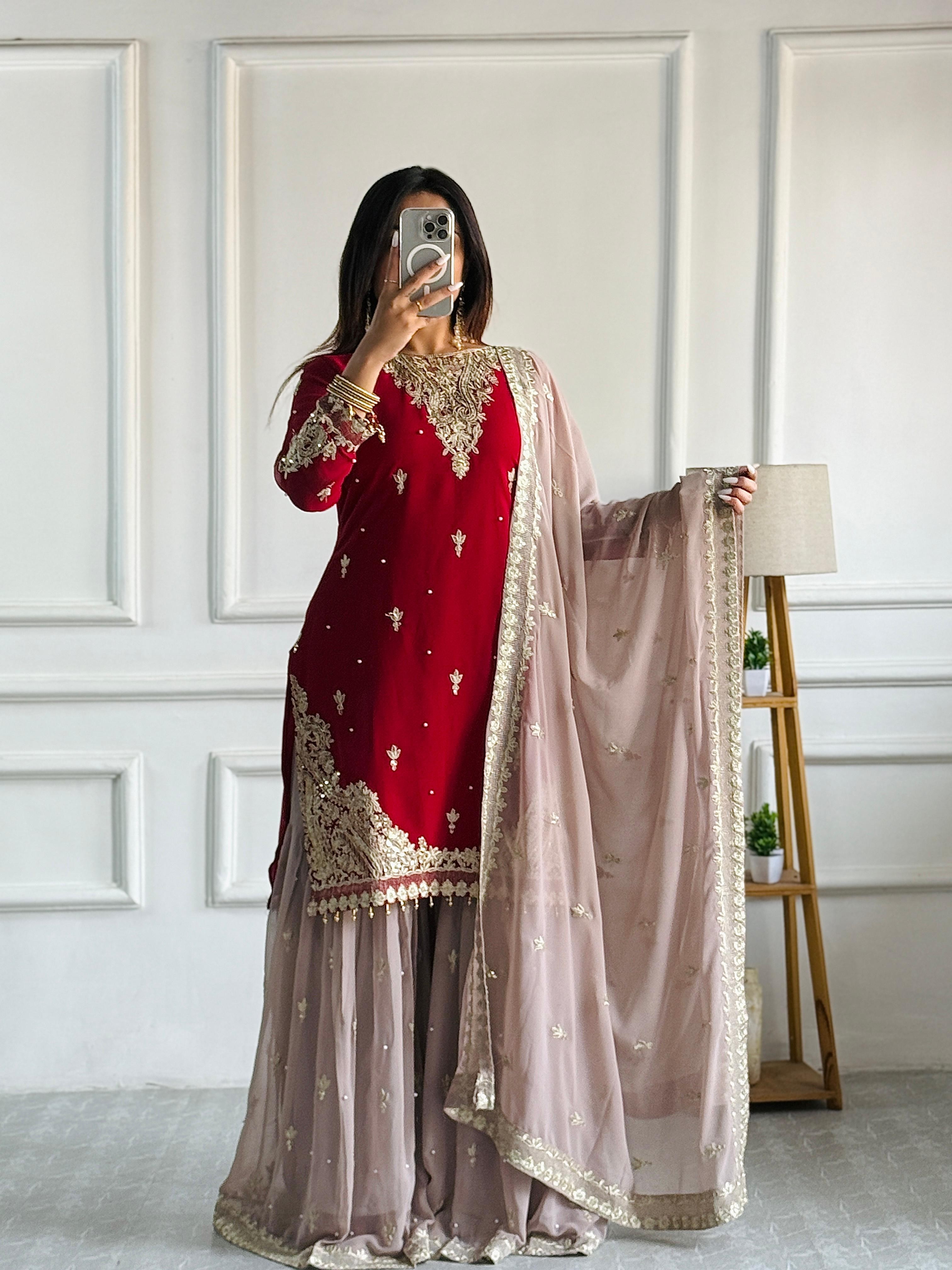 DESIGNER MAROON COLOUR SHARARA SALWAR SUIT WITH HEAVY EMBROIDERY WORK