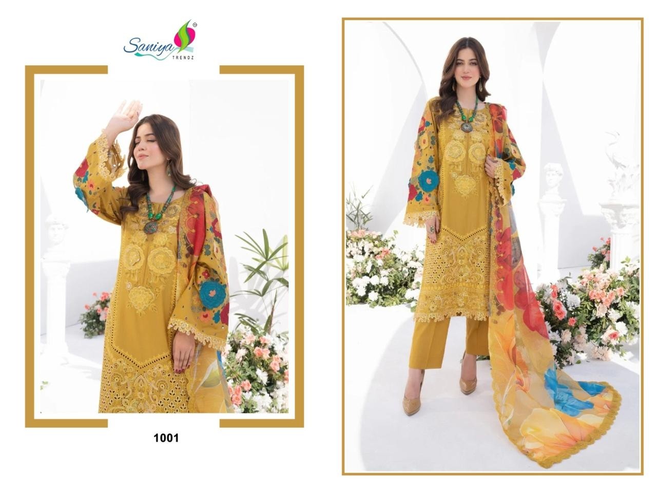 SANIYA TRANDZ KARMA VOL 1 PAKISTANI COTTON WITH CHIKANKARI EMBROIDERED WORK SEMI STRICHAD SALWAR MATIREAL
