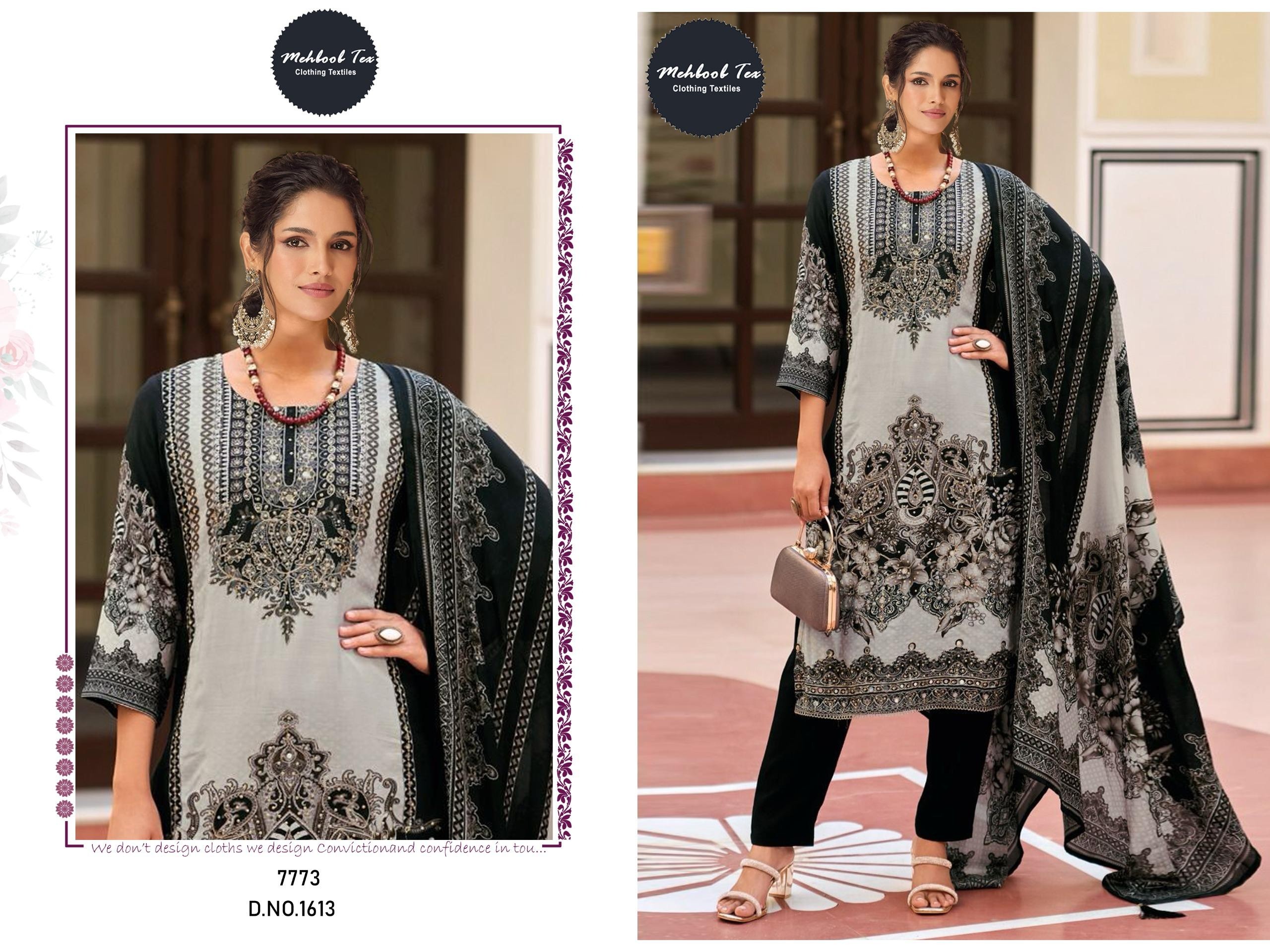 MEHBBOB TEX 1613 PAKISTANI VISCOSE MASLIN COTTON WITH PRINT AND AARI WITH HAND WORK SEMI STICHAD SUIT