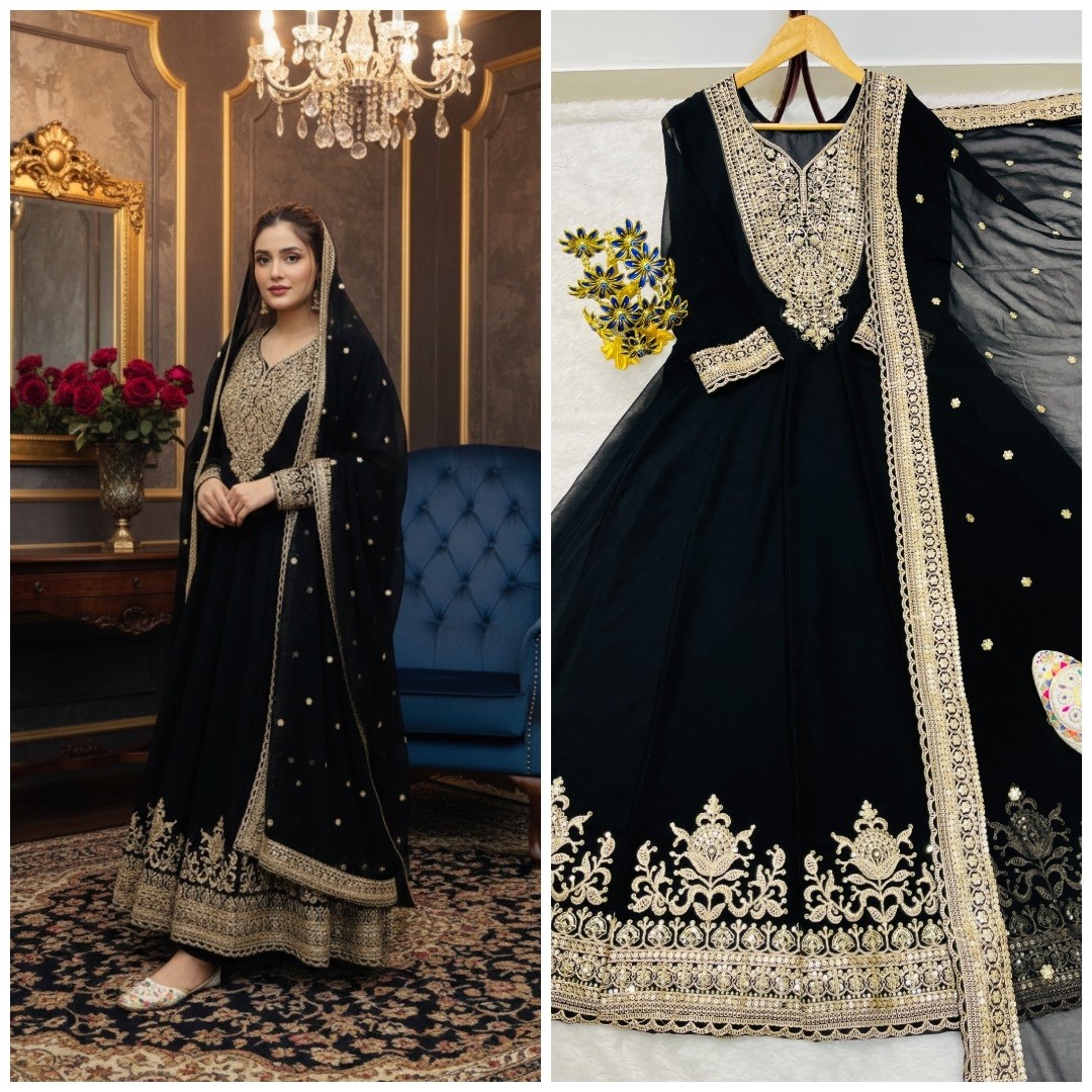 AC-7099 PARTY WEAR EMBROIDERY BLACK COLOUR GOWN SET WHOLESALES 