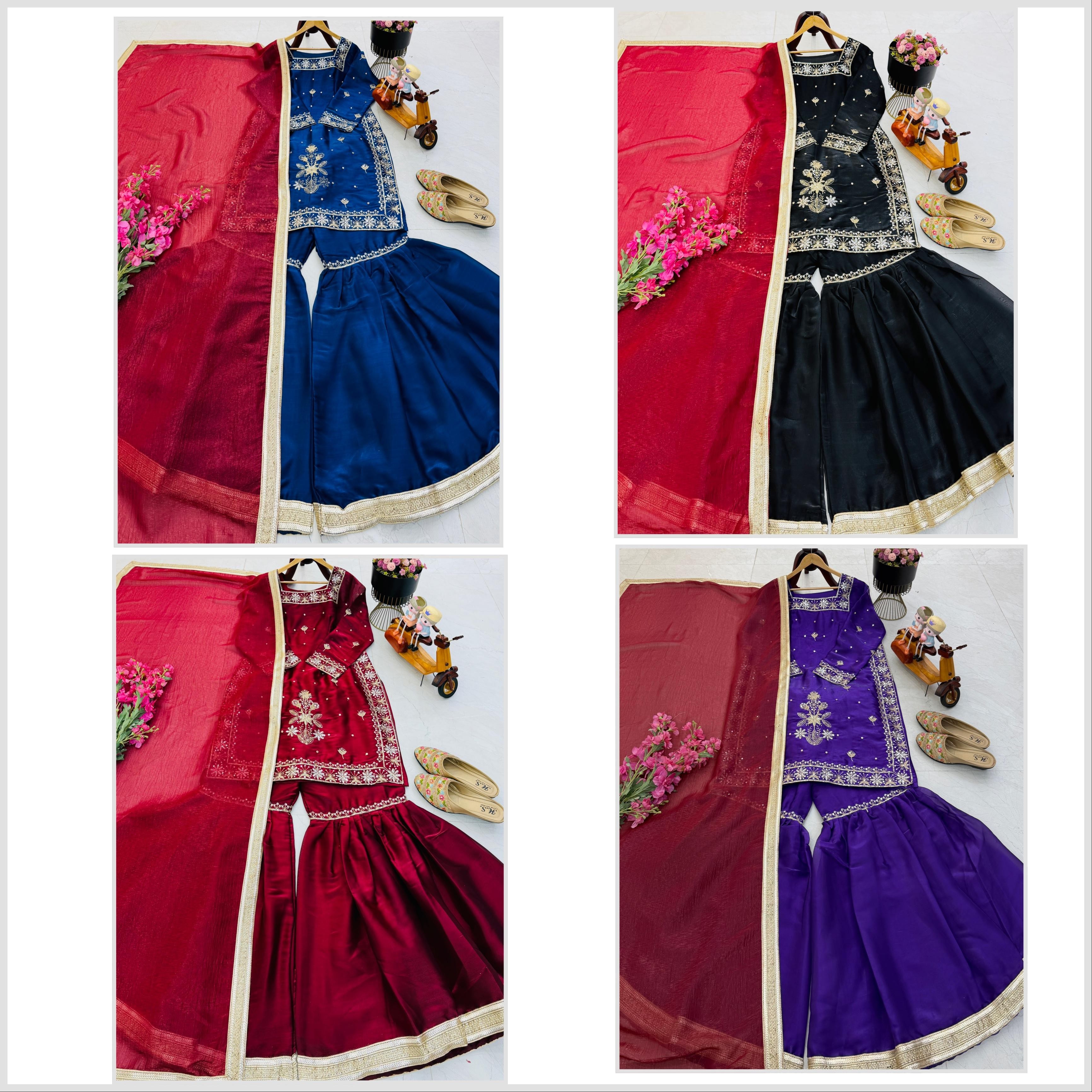 ZC-8010 PARTY WEAR EMBROIFDERY TOP PALAZZO SET WHOLESALES 