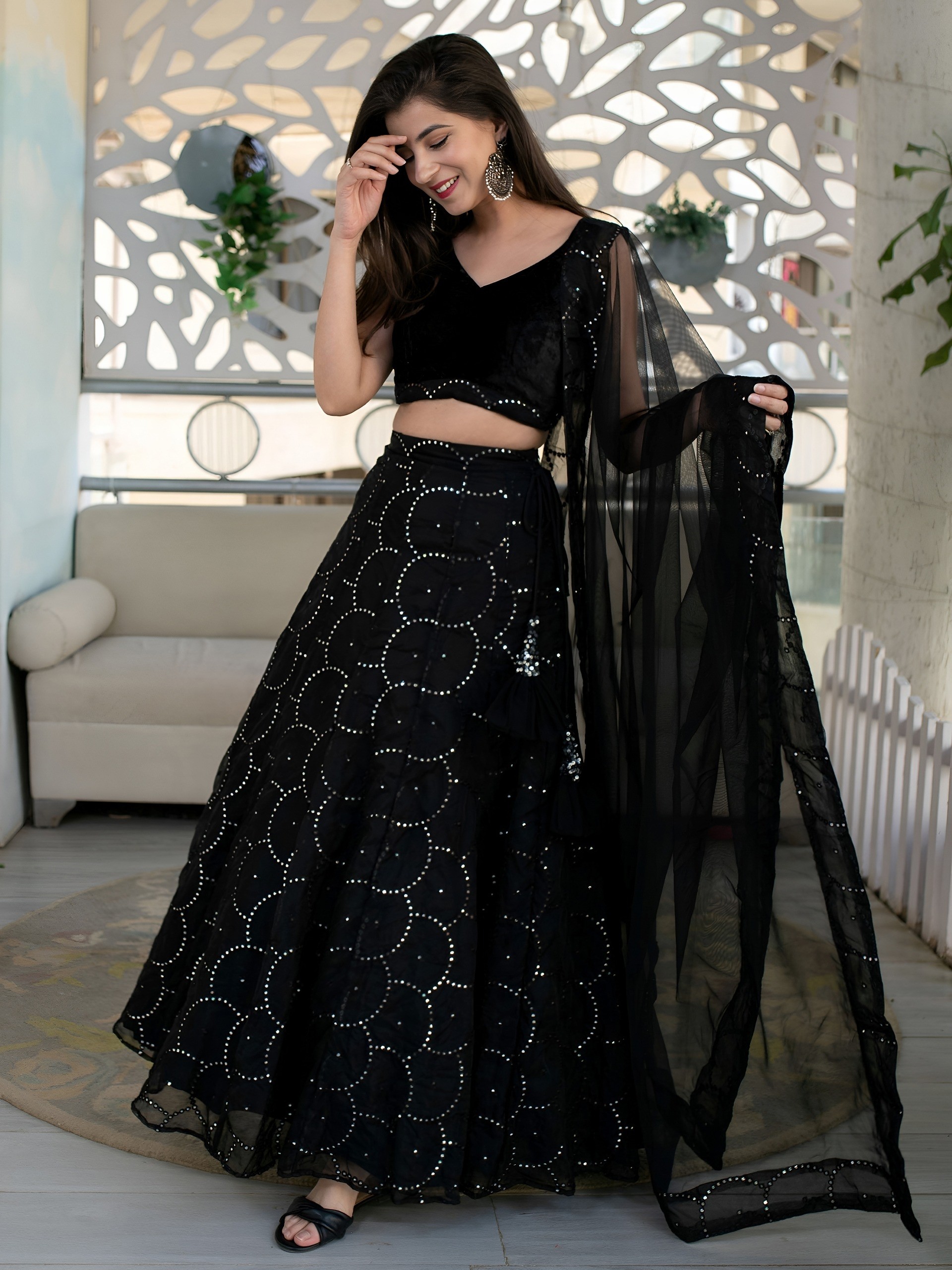 Designer Black Lehenga Choli: All-Over Mirror Embroidery, Flared Georgette Skirt with Elegant Net Dupatta