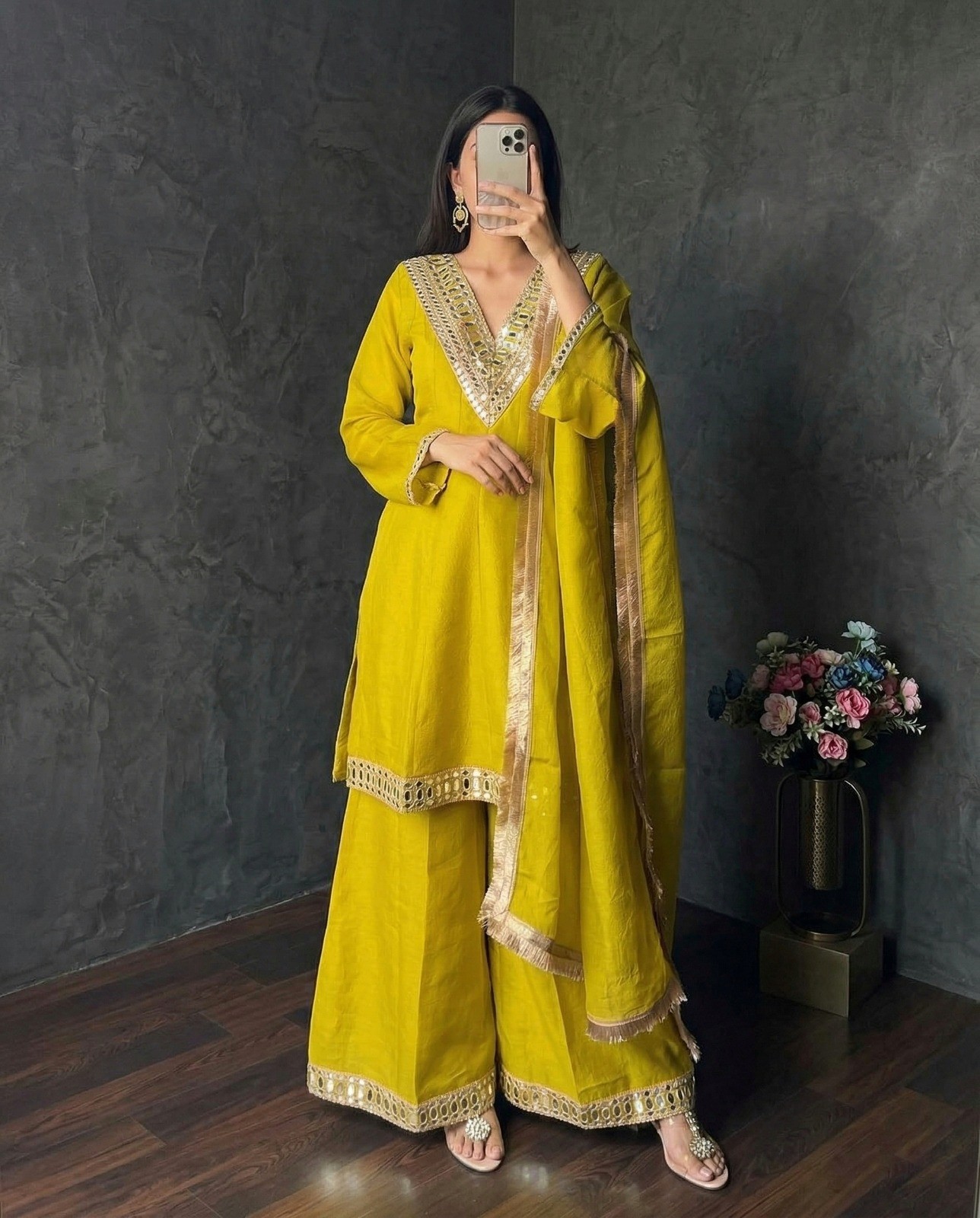  KR 1012 Designer Yellow Georgette Sharara Set with Intricate Mirror Embroidery Border Dupatta for Women