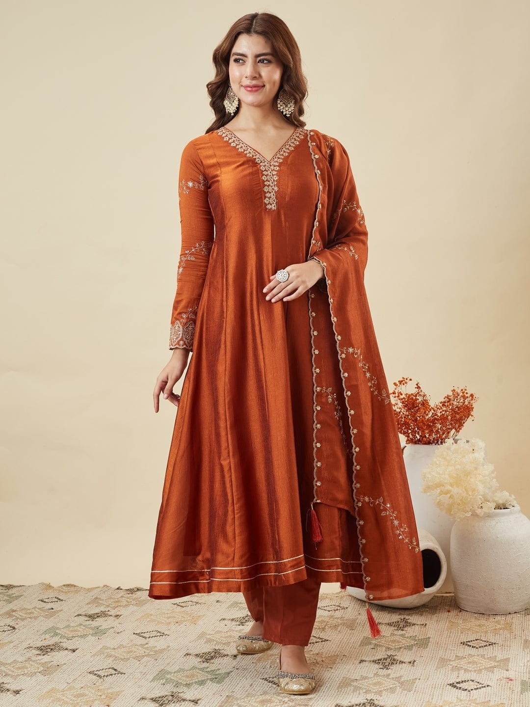 Elegant Rust Orange Vichitra Silk Anarkali Set with Embroidery Sequence Work Festive Wear Outfit