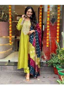 Elegant Lime Green Chanderi Kurta Set with Embroidered Neck and Contrast Dupatta Festive Wear