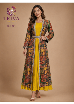 Triva -101 Women’s Mustard Yellow Anarkali Kurta Set with Printed Jacket & Dupatta Look