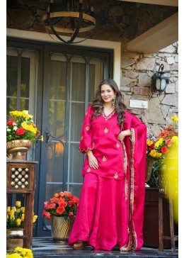 Stylish Pink Frendy Silk Kurta Palazzo Set with Embroidery Sequence Work Festive Wear Outfit