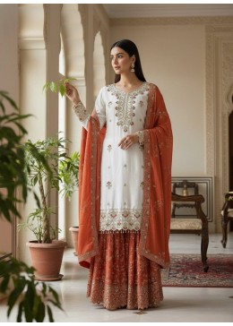 Wholesale Off-White Sharara Suit: Heavy Embroidery Kurti Rust Dupatta Factory Price