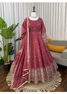 Traditional Wine Anarkali Set Full Flare Gown sathe Heavy Work Sleeves ane Dupatta