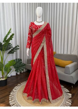 The Red Glamour Georgette Saree with Mirror-Work Lace - Perfect Wedding Look