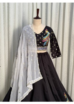 Premium Black Peacock Embroidered Lehenga Choli Set with Designer Net Dupatta for Women
