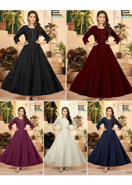 BLUE HILS LONG ANARKALI GOWN WITH CHIKANKARI WORK WITH SEQUNCE 
