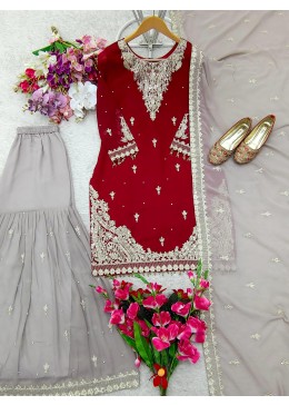 DESIGNER MAROON COLOUR SHARARA SALWAR SUIT WITH HEAVY EMBROIDERY WORK