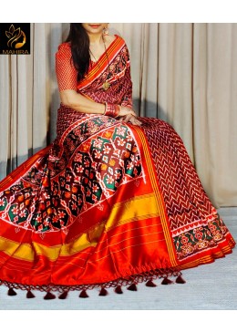 Traditional Gujarati Patola Silk Saree: Vibrant Red Ikkat Work with Designer Zari Border & Matching Blouse Piece